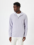 Basic Sweatshirt Yarım Fermuarlı Uzun Kollu Pamuklu