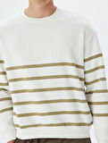 Oversize Sweatshirt Bisiklet Yaka Çizgili Şardonlu Pamuk Karışımlı