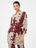 Koton X Melis Ağazat - Viskon Uzun Kimono Geniş Kollu Kuşak Detaylı Floral Etnik Desenli