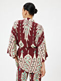 Koton X Melis Ağazat - Viskon Uzun Kimono Geniş Kollu Kuşak Detaylı Floral Etnik Desenli