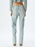 Kargo Cepli Kot Pantolon Normal Bel Düz Paça Düğmeli - Straight Fit Jean
