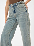 Standart Bel Geniş Paça Kot Pantolon Düğmeli Cepli Pamuklu - Wide Leg Jeans
