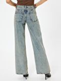 Standart Bel Geniş Paça Kot Pantolon Düğmeli Cepli Pamuklu - Wide Leg Jeans