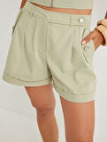 Keten Karışımlı Mini Şort Kapaklı Cep Detaylı 