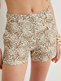 Leopar Desenli Şort Mini Boy Cepli Gabardin Kumaş