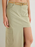 Midi Boy Asimetrik Etek Cepli Standart Bel