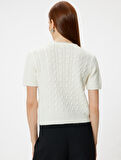 Kısa Kollu Triko Kazak Saç Örgü Dokulu Yuvarlak Yaka