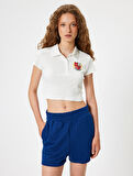 Polo Yaka Tişört Crop Düğmeli Kısa Kollu Kolej İşlemeli Slim Fit