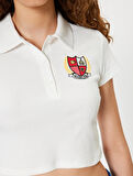 Polo Yaka Tişört Crop Düğmeli Kısa Kollu Kolej İşlemeli Slim Fit