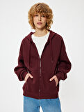 Oversize Fermuarlı Sweatshirt Yıldız İşlemeli Kanguru Cepli