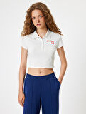 Crop Tişört Polo Yaka Düğmeli Kısa Kollu Kolej İşlemeli Slim Fit