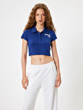 Crop Tişört Polo Yaka Düğmeli Kısa Kollu Kolej İşlemeli Slim Fit