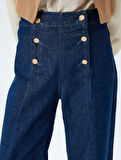 Yüksek Bel Geniş Paça Kot Pantolon Düğme Detaylı Culotte Jeans