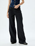 Bol Kesim Kot Pantolon Çift Bel Detaylı Düğmeli - Loose Straight Fit Jean