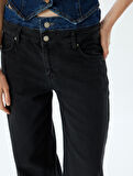 Bol Kesim Kot Pantolon Çift Bel Detaylı Düğmeli - Loose Straight Fit Jean