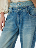 Bol Kesim Kot Pantolon Çift Bel Detaylı Düğmeli - Loose Straight Fit Jean