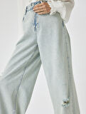 Yırtık Kot Pantolon Düşük Bel Düğmeli Bol Paça Pamuklu - Loose Straight Fit Jean