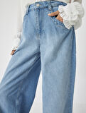 Bol Paça Kot Pantolon Normal Bel Düğmeli Pamuklu - Loose Straight Fit Jean