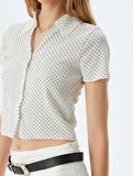 Crop Tişört Puantiyeli Gömlek Yaka Düğmeli Kısa Kollu 