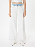Geniş Paça Kot Pantolon Normal Bel Renk Bloklu - Wide Leg Jeans