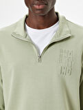 Slogan Baskılı Sweatshirt Yarım Fermuarlı Basic Pamuklu İnterlok Kumaş