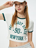 Crop Tişört Kaşkorse Kolej Baskılı Bisiklet Yaka Slim Fit