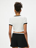 Crop Tişört Kolej Baskılı Slim Fit Bisiklet Yaka