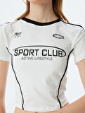 Crop Tişört Slogan Baskılı Biyeli Bisiklet Yaka Kısa Kollu Pamuklu Slim Fit