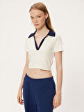 Crop Tişört Polo Yaka Düğmeli Kısa Kollu Biyeli Slim Fit