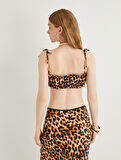 Leopar Desenli Büstiyer İnce Askılı Crop Viskon Kumaş