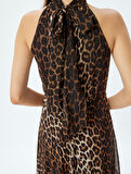 Uzun Leopar Elbise Halter Şal Yaka Pileli Kolsuz