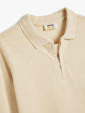Polo Tişört Uzun Kollu Yarım Fermuarlı Şerit Detaylı Pamuklu