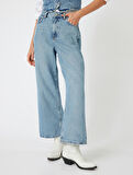Crop Bol Paça Kot Pantolon Normal Bel Slim Fit Düğmeli - Wide Leg Crop Jean