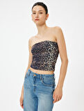Leopar Desenli Crop Üst Tül Drapeli