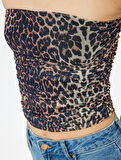 Leopar Desenli Crop Üst Tül Drapeli