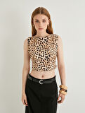 Leopar Desenli Crop Üst Kolsuz Arkası Pencere Detaylı