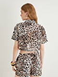 Oversize Leopar Desenli Crop Gömlek Kısa Kollu 