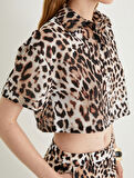 Oversize Leopar Desenli Crop Gömlek Kısa Kollu 