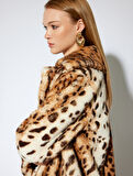 Koton X Melis Ağazat - Leopar Desenli Peluş Kaban Kruvaze Düğmeli Cepli