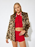 Suni Kürk Kaban Oversize Leopar Desenli Şal Yaka Kapüşonlu Cep Detaylı