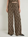 Leopar Desenli Pantolon Wide Leg Beli Bağcıklı Relax Fit