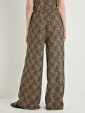 Leopar Desenli Pantolon Wide Leg Beli Bağcıklı Relax Fit