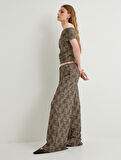 Leopar Desenli Pantolon Wide Leg Beli Bağcıklı Relax Fit