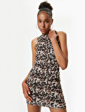 Leopar Desenli Mini Elbise Drapeli Kolsuz Bisiklet Yaka Slim Fit