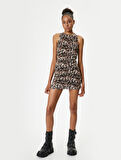 Leopar Desenli Mini Elbise Drapeli Kolsuz Bisiklet Yaka Slim Fit