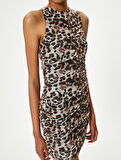 Leopar Desenli Mini Elbise Drapeli Kolsuz Bisiklet Yaka Slim Fit