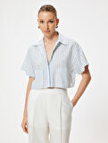 Crop Keten Gömlek Kısa Kollu Cep Detaylı Rahat Kalıp