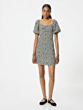 Leopar Desenli Mini Elbise Balon Kol Kare Yaka A Kesim Slim Fit
