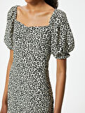 Leopar Desenli Mini Elbise Balon Kol Kare Yaka A Kesim Slim Fit