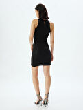 Halter Yaka Elbise Mini Kolsuz Asimetrik Kesim Drapeli